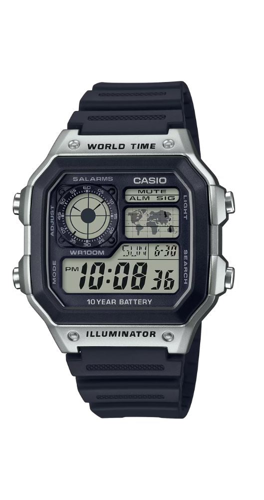 Reloj Casio Collection AE-1200WH-1CVEF crono-alarma, cuenta atrás, horario mundial, luz, caja de resina plateada y correa de resina negra. Sumergible 100 metros. Batería de 10 años. Garantía 2 años.