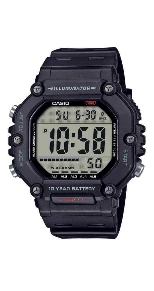 Reloj Casio Collection AE-1600H-1AVEF para hombre con crono-alarma, cuenta atrás, calendario, caja y correa de resina negra, luz de LED, hora mundial, sumergible 100m. pila de 10 años y garantía de 2 años.