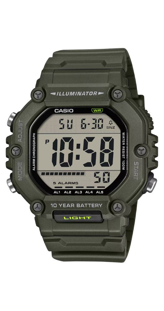 Reloj Casio Collection AE-1600HX-3AVEF para hombre, crono-alarma, cuenta atrás, hora mundial, calendario, caja y correa de resina verde, sumergible 100 m. pila de 10 años y garantía de 2 años.