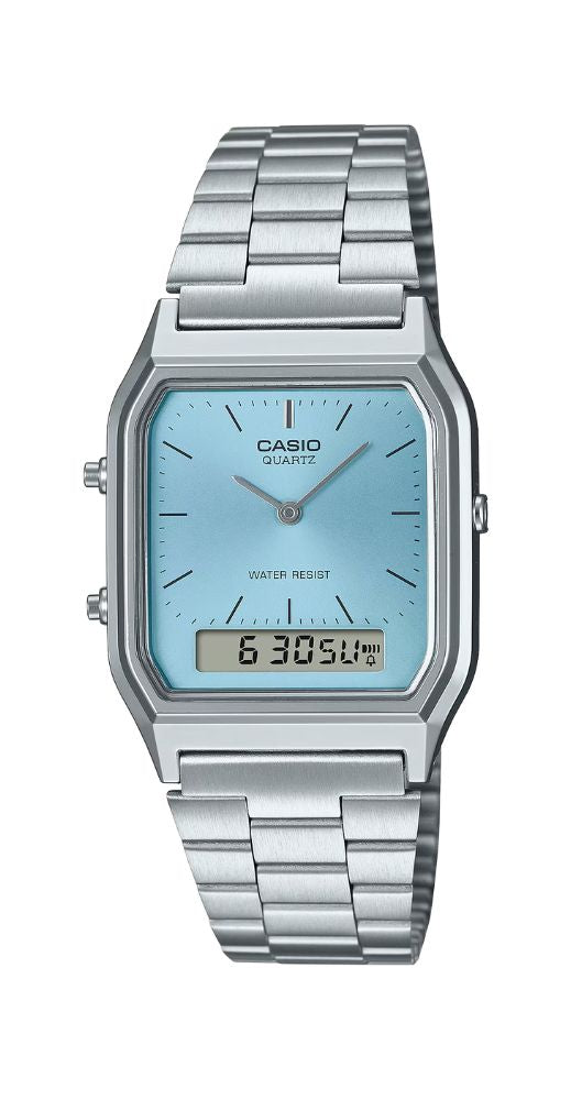 Reloj Casio Collection AQ-230A-2A1MQYES unisex, con esfera azul claro, caja metalizada y armis de acero inox con cierre regulable. Crono-alarma, doble horario, calendario y garantía 2 años. 