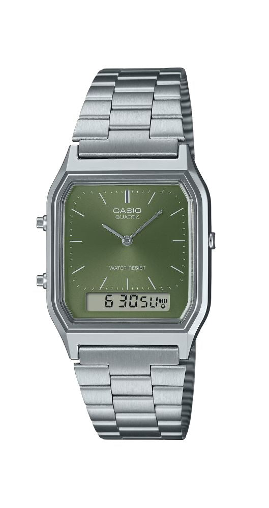 Reloj Casio Collection AQ-230A-3AMQYES unisex, con caja metalizada y armis de acero inox, cierre ajustable, crono-alarma, doble horario, calendario y garantía de 2 años.