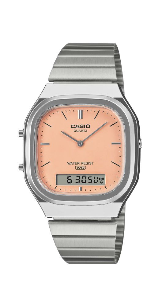 Reloj Casio Collection AQ-240E-4AEF unisex, crono-alarma, calendario, hora mundial, con esfera en color salmón, caja de resina metalizada y armis de acero inox con cierre regulable. Garantía 2 años.