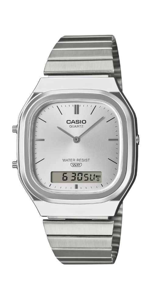 Reloj Casio Collection AQ-240E-7A2EF unisex, crono-alarma, calendario, con esfera gris plateada, caja de resina metalizada y armis de acero inoxidable. Garantía de 2 años.