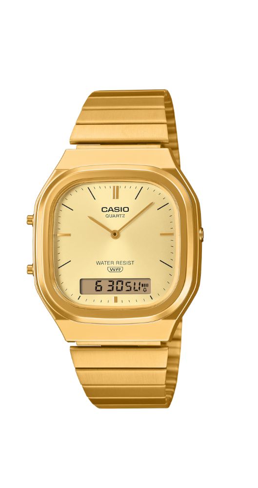 Reloj Casio Collection AQ-240EG-9AEF con caja de resina dorada y armis de acero inox chapado. Crono-alarma. Doble horario. Ana-digi. Calendario automático. Garantía 2 años.