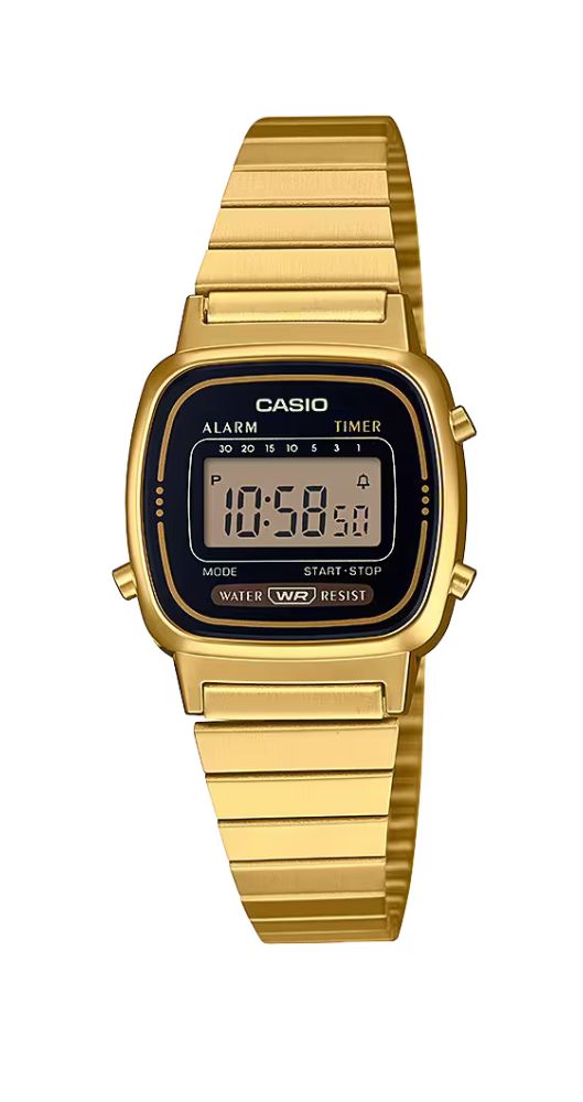 Reloj Casio Collection LA670WEGA-1EF para mujer y público infantil, crono, alarma, cuenta atrás, calendario. Caja de resina dorada y armis de acero inox dorado. Garantía de 2 años.