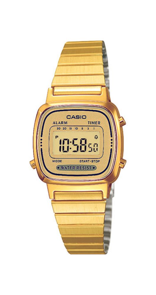 Reloj Casio Collection LA670WEGA-9EF para mujer y público infantil. Crono, alarma, cuenta atrás, calendario. Caja de resina dorada y armis de acero inox dorado. Garantía 2 años.