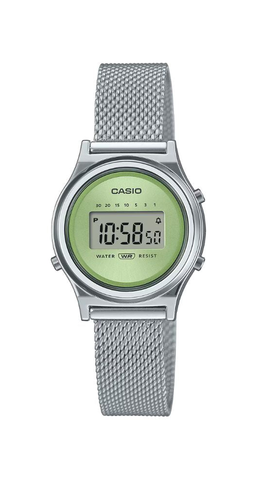 Reloj Casio Collection LA700WEM-3AEF para mujer o público infantil, con crono, cuenta atrás, alarma y calendario. Caja metálica y armis de acero inox tipo malla milanesa. Garantía 2 años.