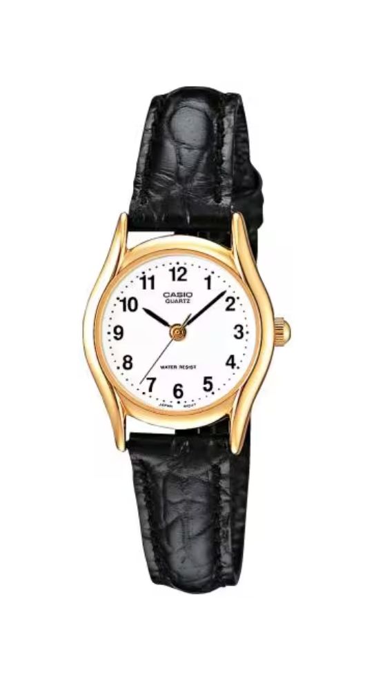 Reloj Casio Collection LTP-1154PQ-7BEG para mujer, con esfera blanca, números arábigos negros. Caja metalizada dorada y fondo de acero inox. Correa de piel labrada negra. Garantía de 2 años.