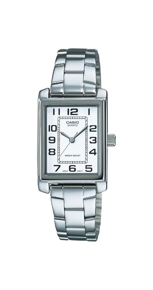 Reloj Casio Collection LTP-1234PD-7BEG, para mujer, con esfera blanca, números arábigos. Caja metalizada y armis de acero inox. Garantía 2 años.