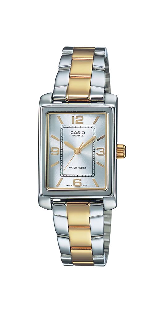 Reloj Casio Collection LTP-1234PSG-7AEG para mujer, con esfera blanca y números e índices dorados. Caja metalizada y armis de acero inox BICOLOR. Garantía 2 años.