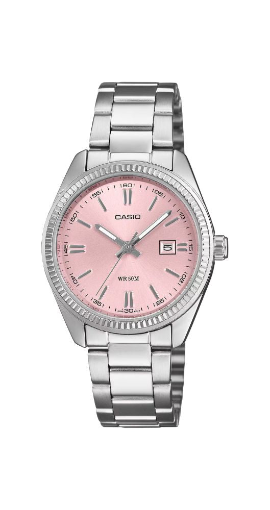 Reloj Casio Collection LTP-1302PD-4AVEF, para mujer, con esfera rosa claro, caja metalizada de 30,2 mm y armis de acero inox, calendario, sumergible 50 metros. Garantía 2 años.