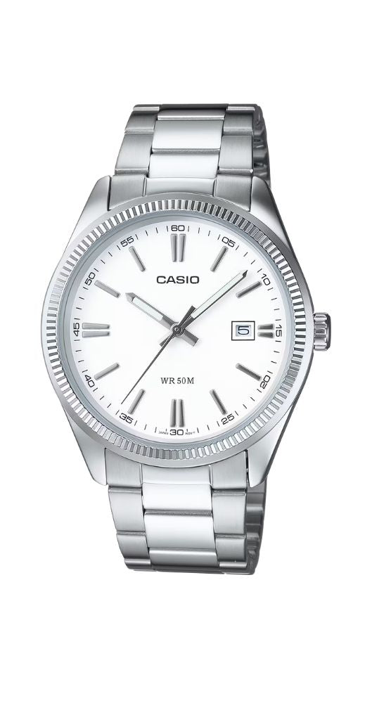 Reloj Casio Collection MTP-1302PD-7A1VEF esfera blanca, manillas luminiscentes, calendario. Caja metalizada y armis de acero inox. Sumergible 50 metros. Garantía 2 años.