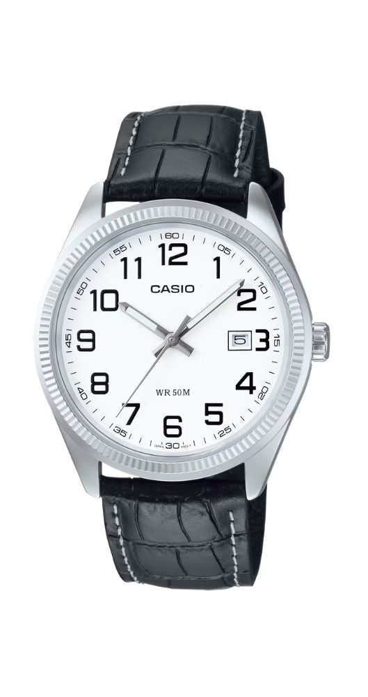 Reloj Casio Collection MTP-1302PL-7BVEF para hombre, con esfera blanca, caja metálica, fondo de acero inox y correa de piel negra. Calendario. Sumergible 50 m. Garantía 2 años.
