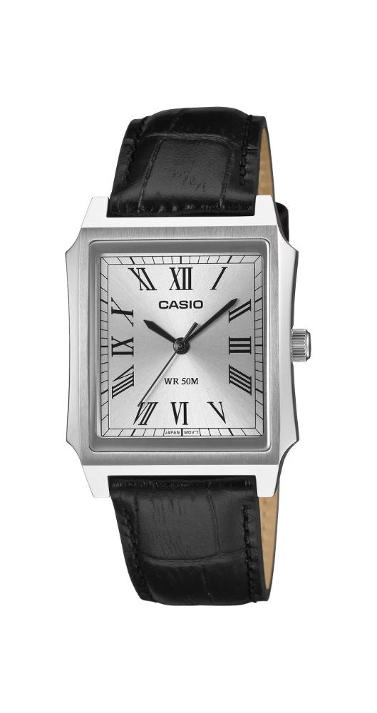 Reloj Casio Collection MTP-B190L-7BVER unisex, con esfera plateada y números romanos. Caja de acero inox y correa de piel labrada negra. Sumergible 50 metros. Garantía 2 años.