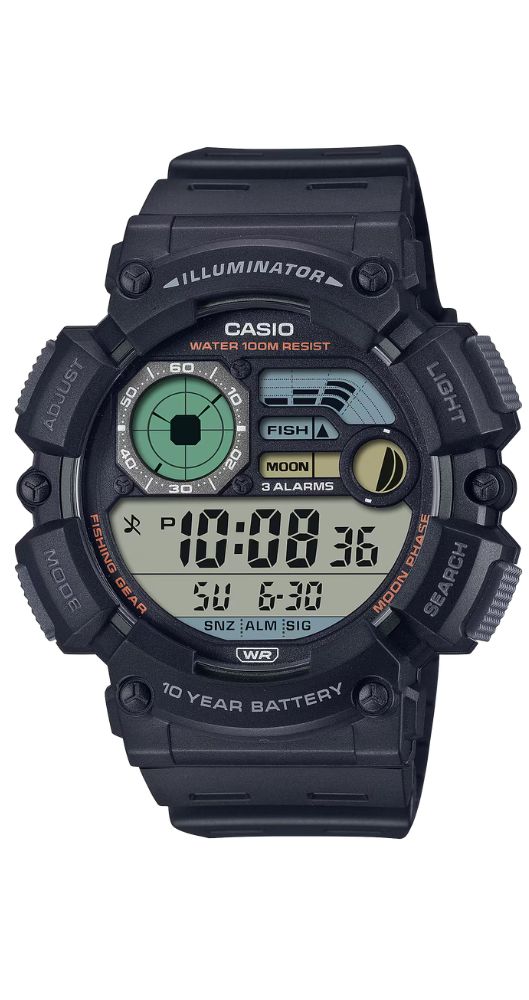 Reloj Casio Collection WS-1500H-1AVEF con FASE LUNAR y MODO PESCA, crono-alarma, cuenta atrás, calendario, 12/24h, caja y correa de resina NEGRA, pila de 10 años y sumergible 100 metros. Garantía de 2 años.