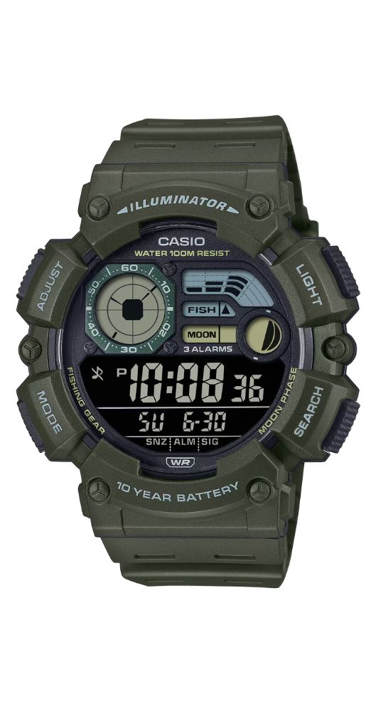 Reloj Casio Collection WS-1500H-3BVEF con Fase Lunar y Modo Pesca, crono-alarma, cuenta atrás, calendario, 12/24h, caja y correa de resina verde, con luz, pila de 10 años y sumergible 100m. Garantía de 2 años.