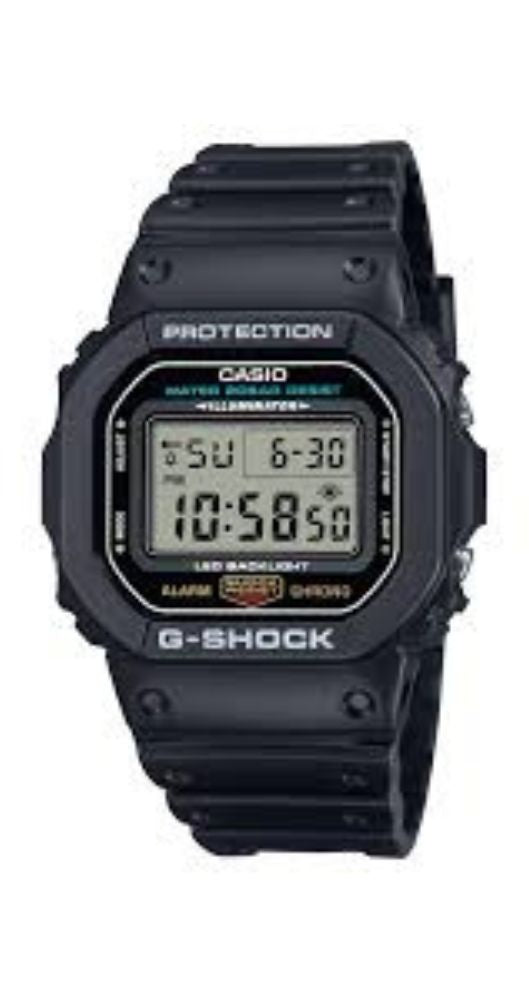 Reloj Casio DW-5600UE-1ER unisex, con crono, alarma, luz, cuenta atrás, sumergible 200m. Calendario. Caja y correa de caucho negro. Garantía de 2 años.
