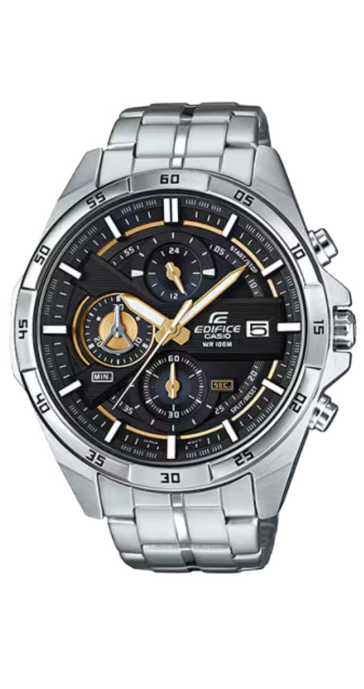 Reloj Casio Edifice EFR-556D-1AVUEF para hombre, con esfera negra y detalles dorados. Cronómetro. Calendario. Caja y armis de acero inox. Sumergible 100 metros. Garantía de  años.