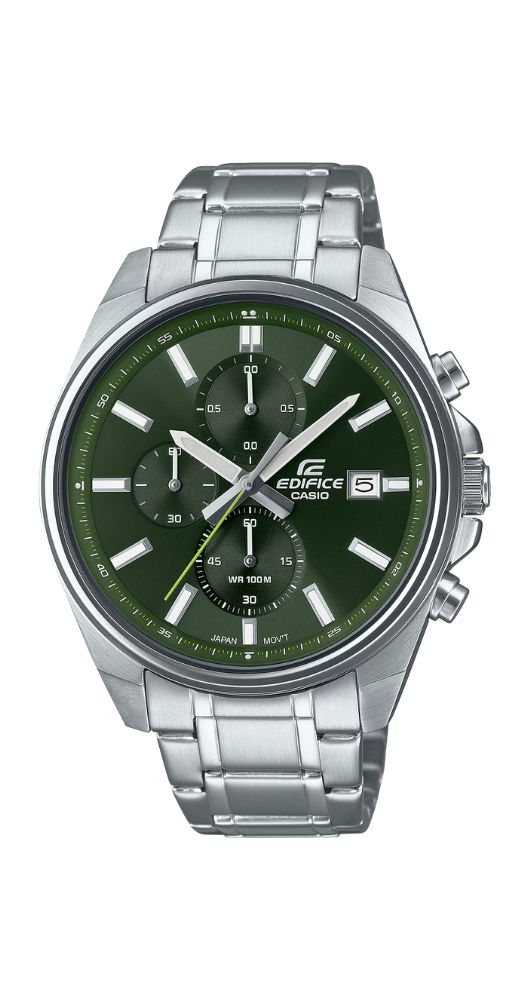 Reloj Casio Edifice EFV-610D-3CVUEF para hombre, con esfera verde, caja y armis de acero inox. Crono, calendario, sumergible 100 m. Garantía 2 años.