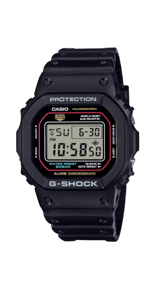 Reloj Casio G-SHOCK DW-5600RL-1ER unisex, con luz de LED, crono-alarma, cuenta atrás, hora mundial, calendario, caja y correa de resina negra, a prueba de golpes, sumergible 100 metros y garantía de 2 años.