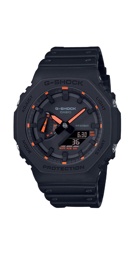 Reloj Casio G-SHOCK GA-2110-1A4ER a prueba de golpes, con crono-alarma, cuenta atrás, calendario, horario dual, luz, caja y correa de resina negra. Esfera con índices y manillas naranjas. Sumergible 200 metros. Garantía 2 años.