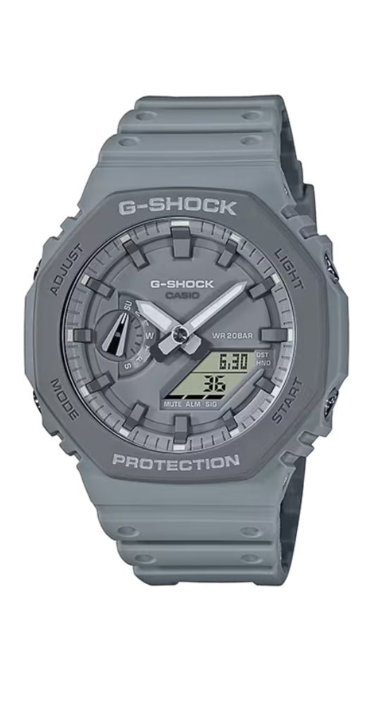 Reloj Casio G-SHOCK GA-2110ET-8AER a prueba de golpes, caja de resina reforzada con carbono y correa de resina gris. Crono-alarma, cuenta atrás, horario mundial, sumergible 200 metros y garantía de 2 años.