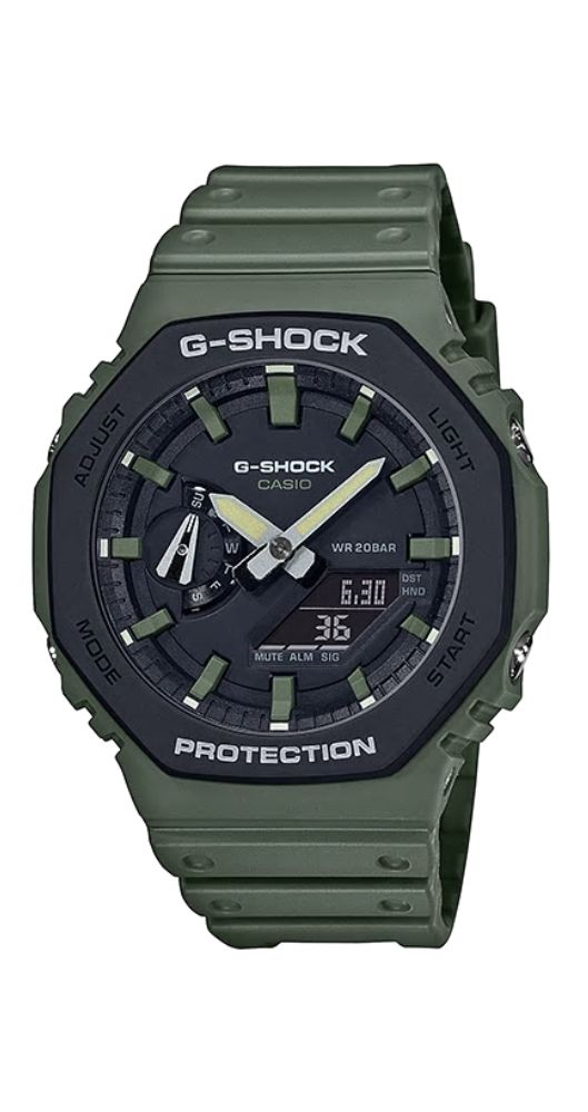 Reloj Casio G-SHOCK GA-2110SU-3AER a prueba de golpes, crono, alarma, cuenta atrás, calendario, analógico-digital, caja de resina con carbono negra y correa de caucho verde militar, sumergible 100 metros. Garantía de 2 años.