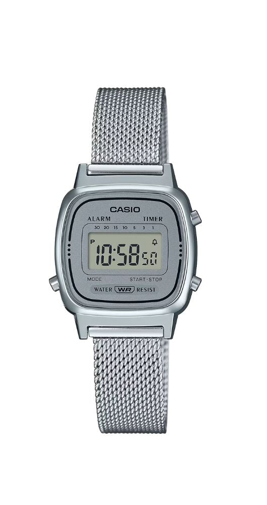 Reloj Casio LA670EM-7EF para mujer y público infantil. Crono, alarma, cuenta atrás, calendario. Caja de resina y armis de acero inox. Garantía de 2 años.