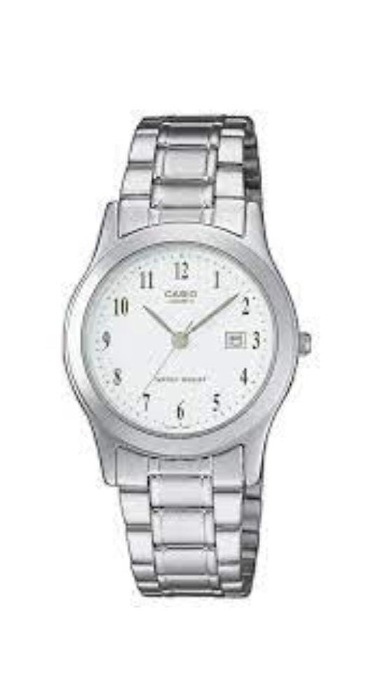 Reloj Casio LTP-1141PA-7BEG para mujer, con esfera blanca, números arábigos y calendario. Caja metalizada y armis de acero inox. Garantía de 2 años.