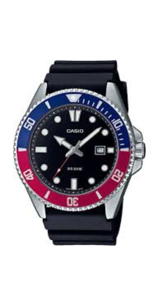 Reloj Casio MDV-107-1A3VEF con esfera negra, caja de acero inox y bisel giratorio azul y rojo. Correa de caucho negra. Calendario. Sumerigible 200 metros. Garantía de 2 años.