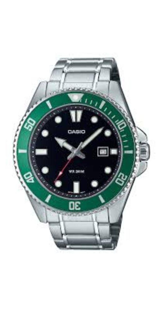 Reloj Casio MDV-107D-3AVEF con esfera negra, caja y armis de acero inox y bisel de color verde giratorio. Calendario. Sumergible 200 metros. Garantía de 2 años.