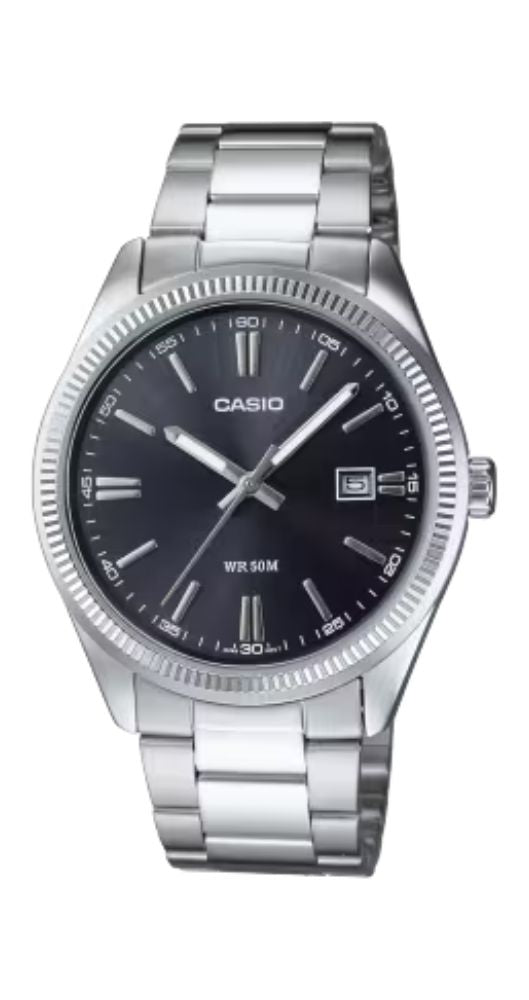 Reloj Casio MTP-1302PD-1A1VEF unisex con esfera gris, caja metalizada, armis de acero inox, calendario, sumergible 50m. Garantía 2 años.