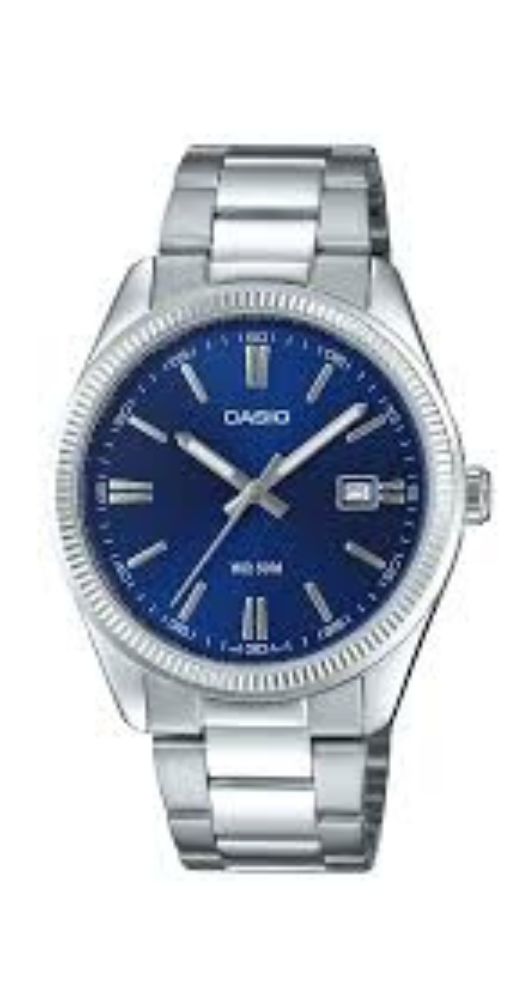 Reloj Casio MTP-1302PD-2AVEF unisex con esgera azul, calendario, caja metalizada, armis de acero inox, sumergible 50 m. Garantía 2 años.