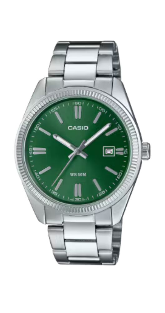 Reloj Casio MTP-1302PD-3AVEF UNISEX con esfera verde, caja metalizada y armis de acero inox. Calendario. Sumergible 50 m. Garantía 2 años.