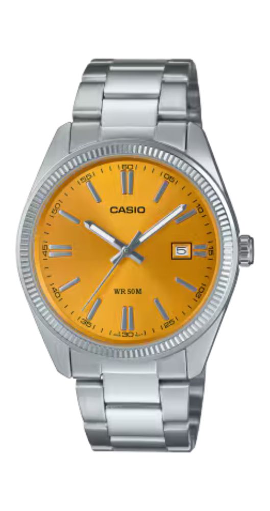 Reloj Casio MTP-1302PD-9AVEF unisex, con esfera amarillo mostaza, calendario, caja metalizada, bisel lapidado y armis de acero inox. Sumergible 50 m. Garantía de 2 años.