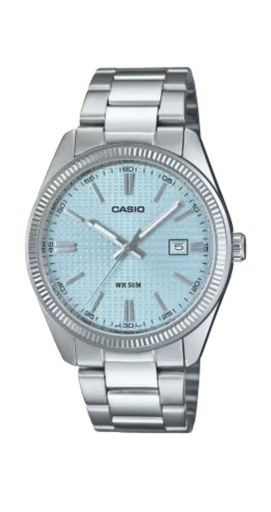 Reloj Casio MTP-1302PE-2AVEF con esfera azul claro con cuadrícula, calendario, caja metalizada, bisel lapidado y armis de acero inox. Sumergible 50 m. Garantía 2 años.