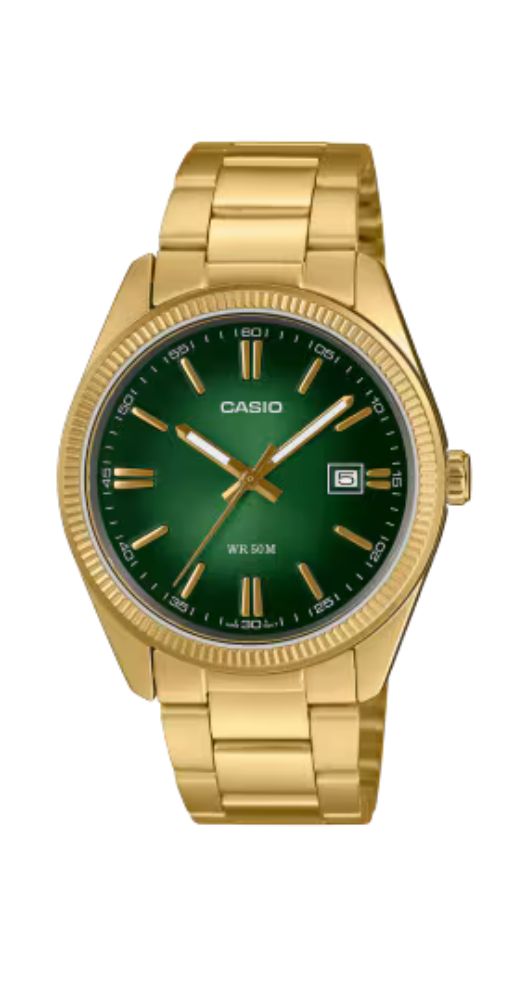Reloj Casio MTP-1302PGC-3AVEF, UNISEX, con esfera verde e índices dorados. Caja metalizada y bisel lapidado CHAPADO, armis de acero inox chapado. Calendario y sumergible 50 metros. Garantía de 2 años.