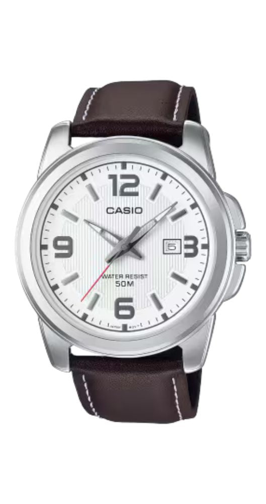 Reloj Casio MTP-1314PL-7AVEF para hombre, con esfera blanca, caja metalizada y fondo de acero inox. Correa de piel marrón. Calendario. Sumergible 50 m. Garantía 2 años.