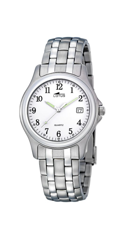 Reloj Lotus L15150-A para hombre, de acero inoxidable. Esfera blanca con números negros arábigos y manillas luminiscentes. Calendario. Sumergible 100 metros. Garantía 2 años.