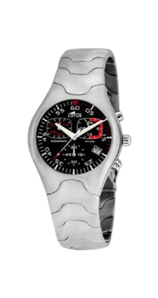 Reloj Lotus L15268/E  UNISEX, con cadena semirrígida de acero inox. Esfera negra. Crono, con calendario y sumergible 50 m. Garantía de 2 años.