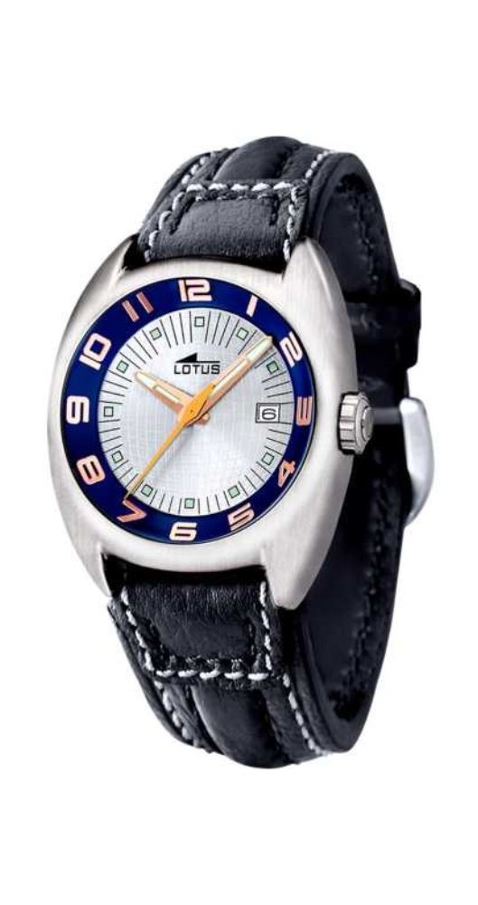 Reloj Lotus L15322-L para hombre con esfera blanca y detalles azules, calendario, caja de acero inox acabado mate y correa de piel negra con pespuntes blancos. Sumergible 50 metros. Garantía 2 años.