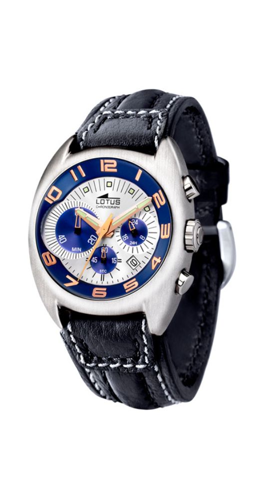 Reloj Lotus L15323-L para hombre con crono. Esfera blanca con detalles azules y cobrizos. Cristal mineral bombé. Caja de acero inox mate. Correa de piel negra con pespuntes blancos. Calendario. Sumergible 50 metros. Garantía de 2 años.