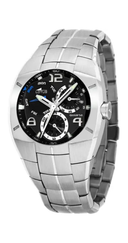 Reloj Lotus L15385/3 para hombre, deportivo, con armis y caja grande de acero inox, esfera negra, multifunción con el día del mes, de la semana y reloj 24 horas. Sumergible 100 m. Garantía de 2 años.
