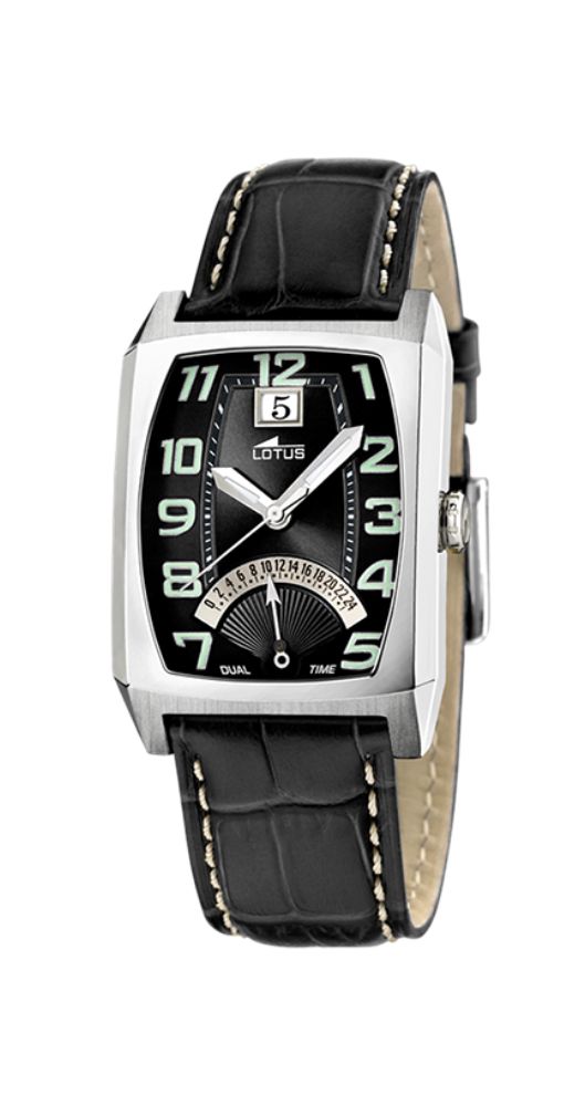 Reloj Lotus L15414/6 para hombre con esfera negra y números arábigos blancos. Calendario visible a las 12. Multiesfera para reloj 24 horas. Caja de acero inox y correa de piel negra. Garantía de años.