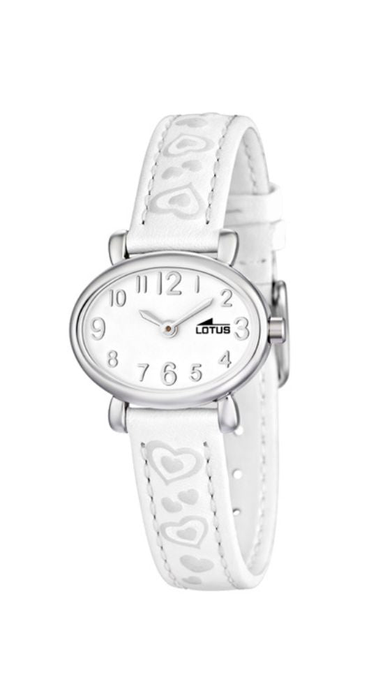 Reloj Lotus L15707-1 con esfera blanca, caja de acero inox y correa de piel blanca con corazones grises. Garantía 2 años.