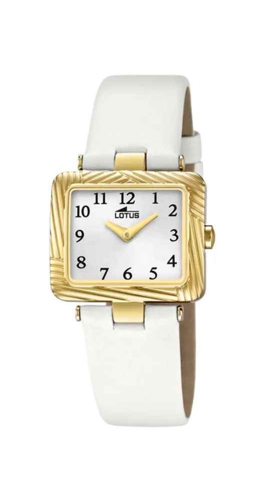 Reloj Lotus L15841/A para señora con esfera blanca, números arábigos negros y manillas doradas. Caja de acero pavonada dorada y correa de piel blanca integrada en la caja. Sumergible 50 metros y garantía 2 años.