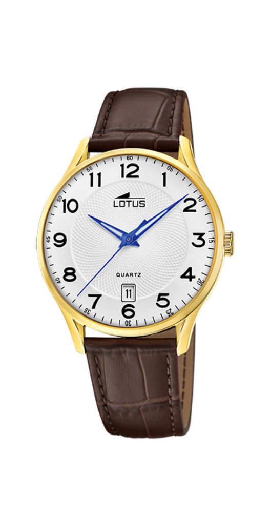 Reloj Lotus L18403-E para hombre, con caja de PVD dorada, esfera blanca, manillas azules y números arábigos negros. Correa piel labrada marrón. Calendario y sumergible 50m. Garantía 2 años.