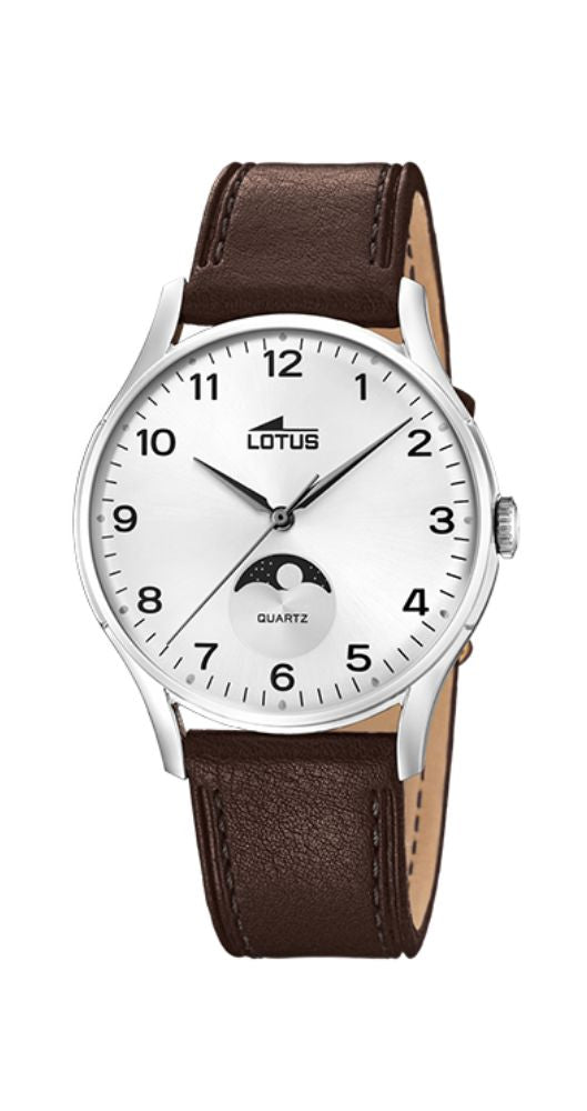 Reloj Lotus L18427-A para hombre, estilo VINTAGE, caja de acero inox y correa de piel marrón oscura. Esfera blanca con números arábigos negros. Fase lunar a las 6. Sumergible 50 m. Garantía de 2 años.