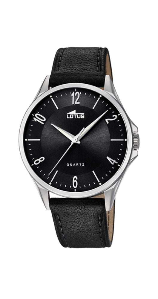 Reloj Lotus L18518-4 para hombre con esfera negra y números arábigos e índices plateados. Caja de acero inox y correa de piel lisa negra. Sumergible 50 m. Garantía de 2 años.