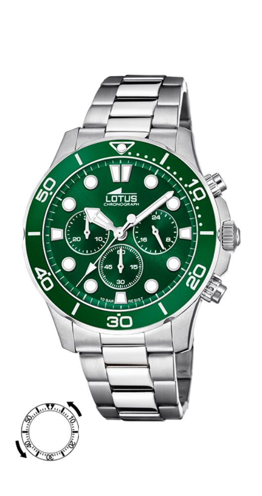 Reloj Lotus L18756-2 para hombre, con crono, esfera verde, caja y armis de acero inox, luminiscente, sumergible 100 m. Garantía de  2 años.